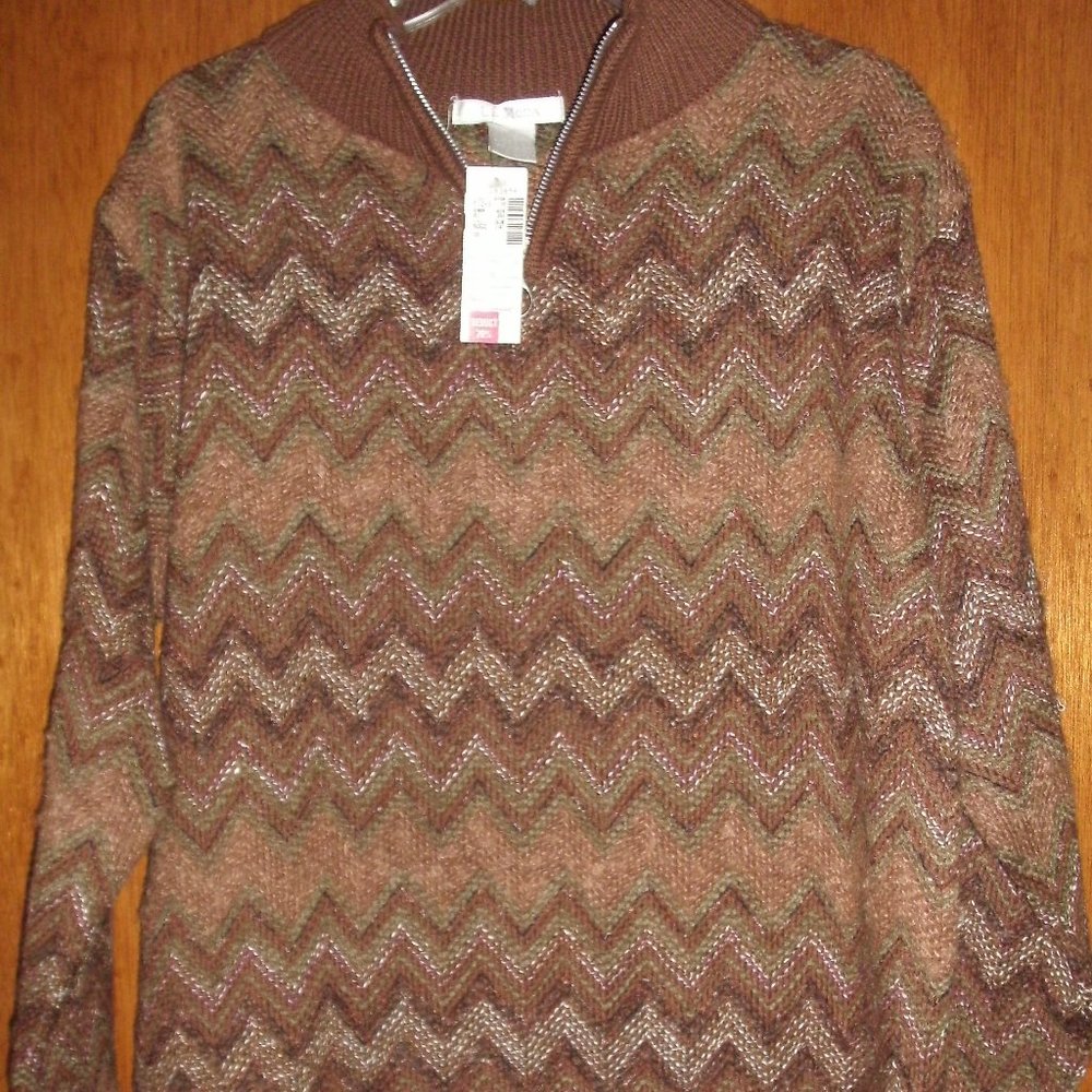Vintage Le Moda Acrylic Wool Blend Brown Multi Chevron Sweater Half Zip NWT
